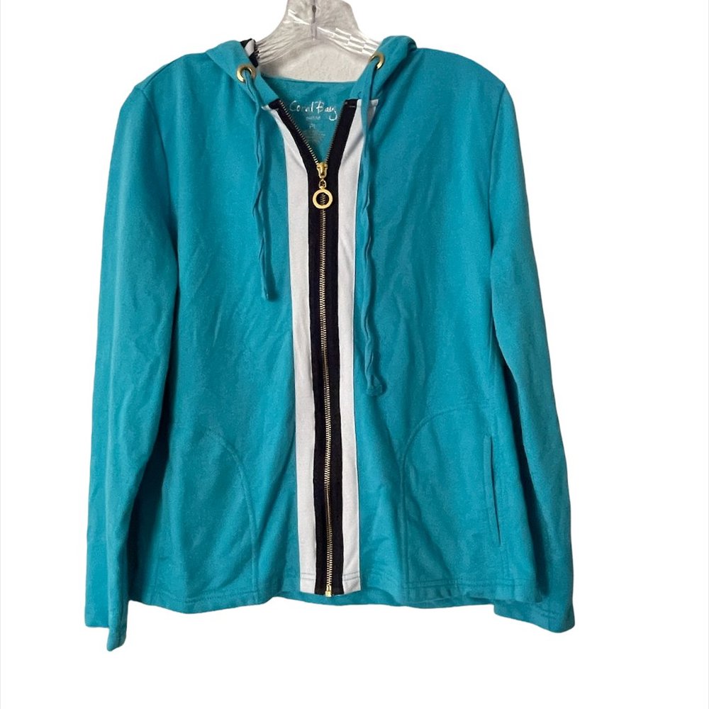 Coral Bay Sweater Size L Petite Full Zip Blue Gold Long Sleeve with Hoodie B1288